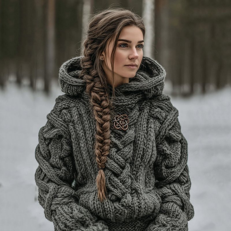 Women's Vintage Celtic Knot Art Knit Aran Hooded Sweater