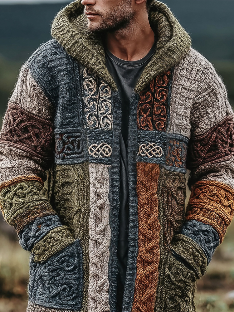 Viking Celtic Knot Geometric Art Men's Knit Hooded Cardigan