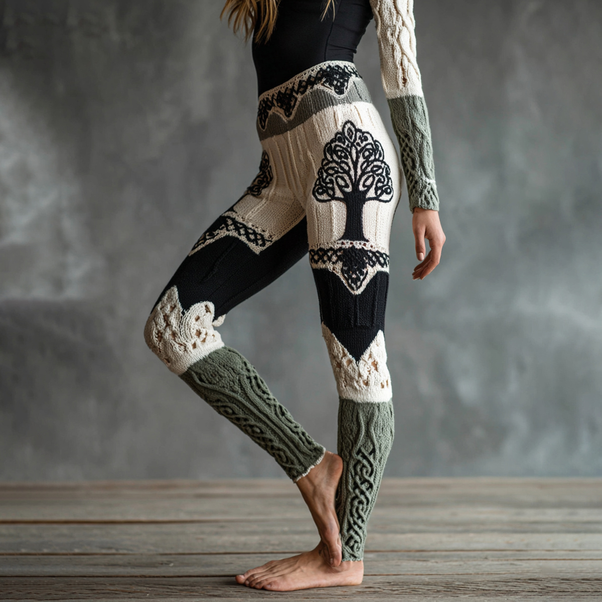 Vintage Viking Tree Of Life Celtic Knot Art Knit Jacquard Cozy Leggings