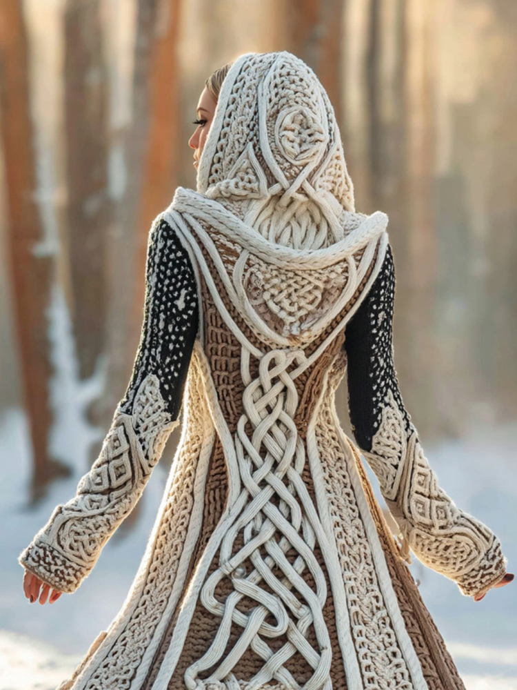 Women's Vintage Viking Celtic Color Block Knit Cozy Long Sweater Jacket