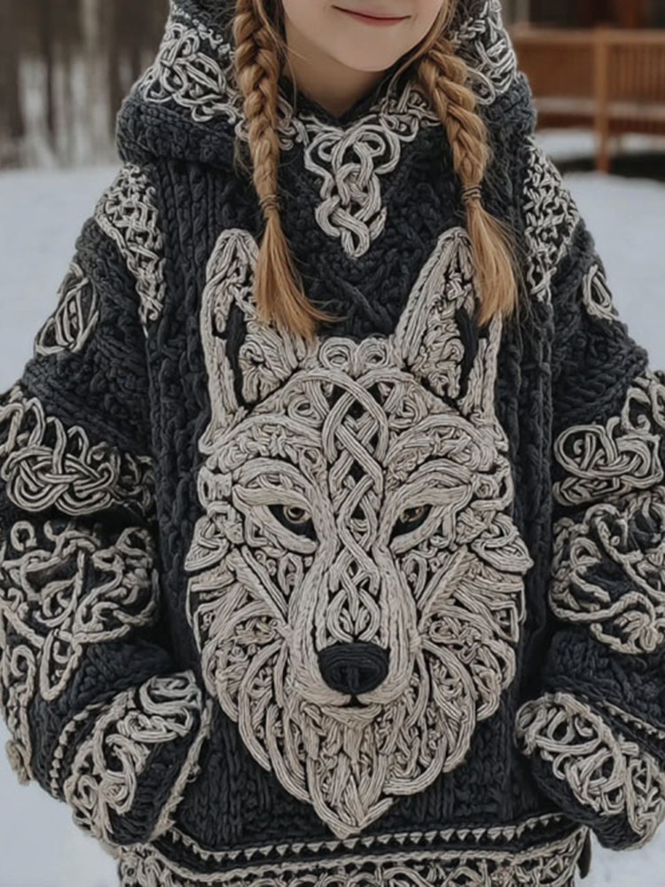 Women's Viking Wolf Pattern Art Knitted Cozy Hooded