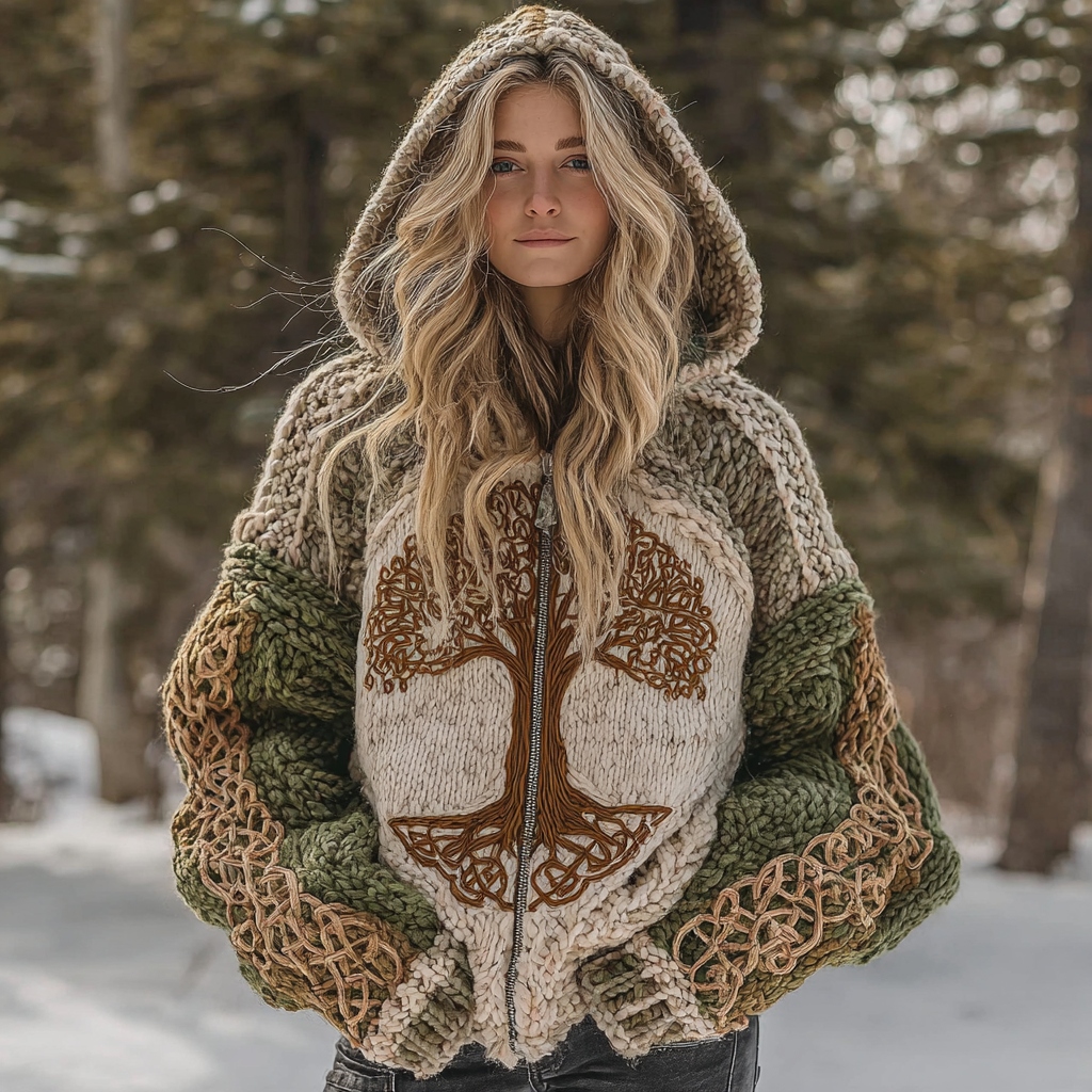 Vintage Viking Celtic Knot Tree Of Life Hooded Cozy Cardigan