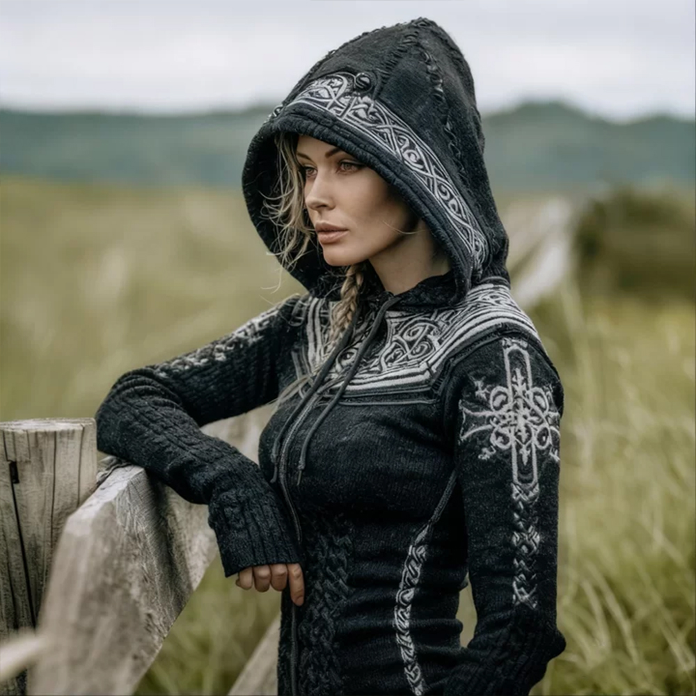 Women's Viking Style Celtic Knot Design Embroidered Hooded Sweater