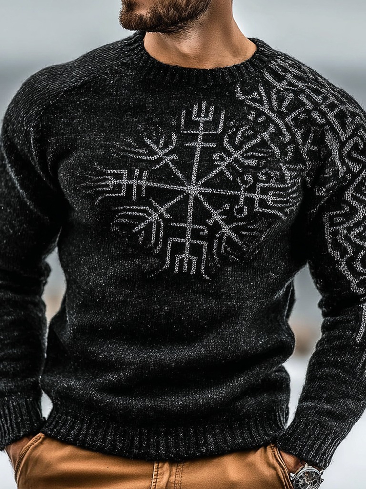 Men's Vintage Viking Vegvisir Pattern Knit Crew Neck Sweater