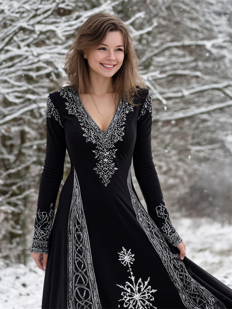 Christmas Snowflakes Viking-inspired Women's V-neck Flannel Maxi Dress