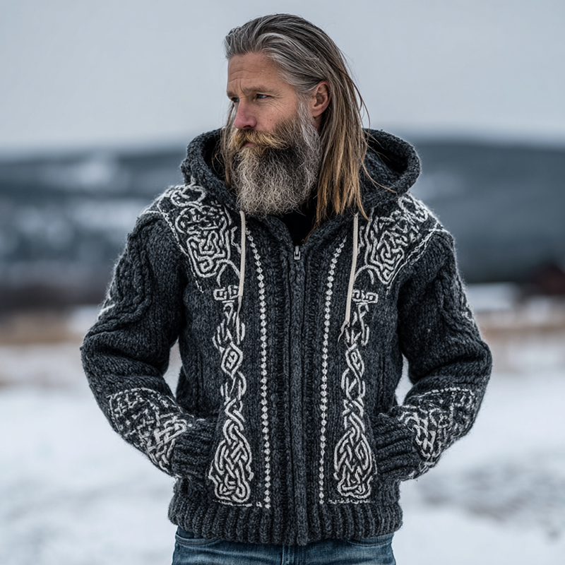 Men's Celtic Knot Chunky Knit Zip-up Hooded Sweater