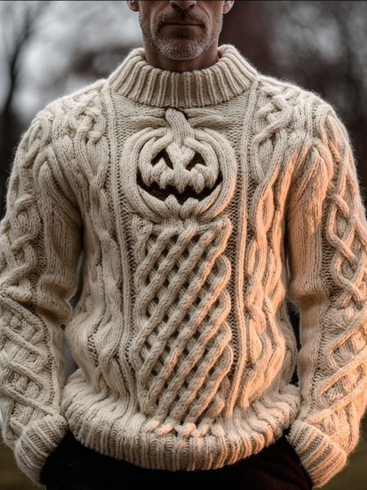 Men's Halloween Pumpkin Face Jacquard Chunky Turtleneck Sweater
