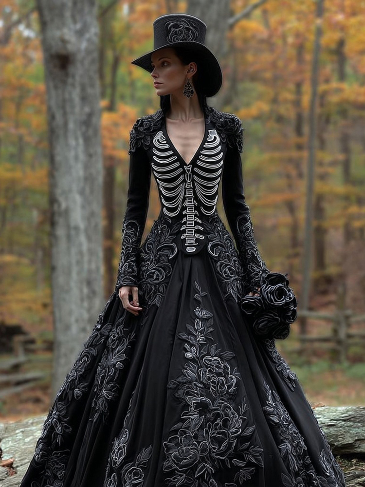 Classy Skeleton Flowers Embroidered Flowy Maxi Dress
