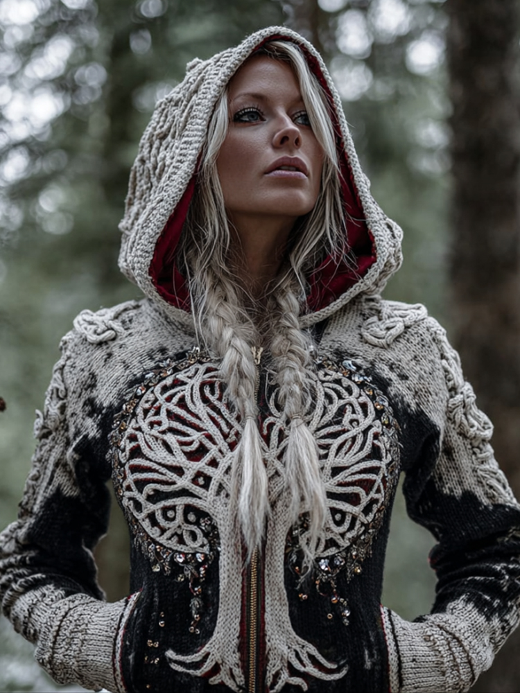 Women's Viking Style Tree Of Life Warm Cardigan Sweater