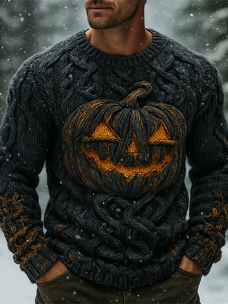 Halloween Pumpkin Emoji Men's Chunky Knit Crewneck Sweater