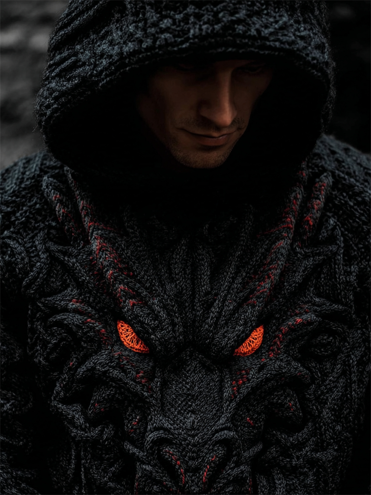 Men��s Vintage Evil Dragon Celtic Cozy Chunky Hooded Sweater