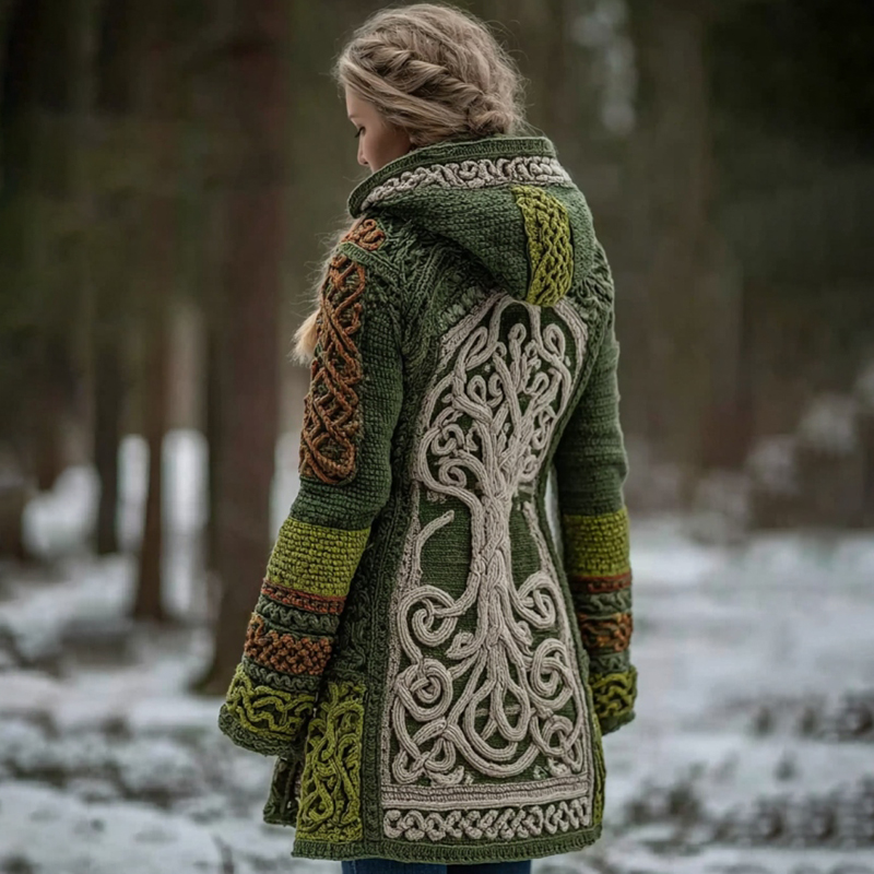 Women's Vintage Viking Tree Of Life Pattern Cozy Knit Hooded Sweater Cardigan