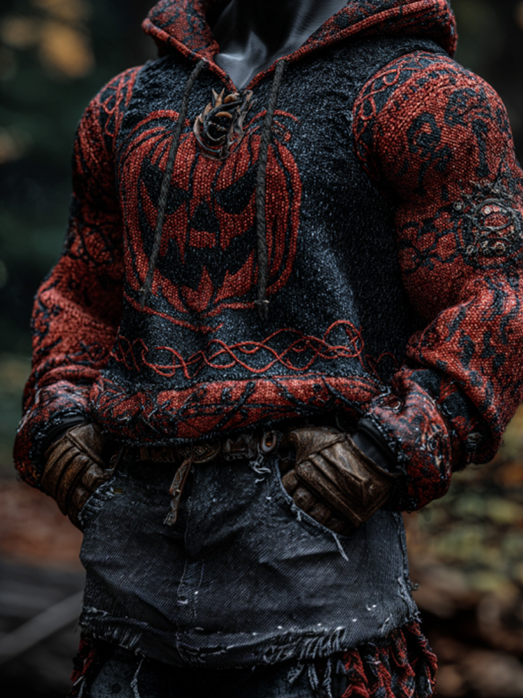 Men's Vintage Viking Halloween Ghost Face Embroidered Hoodie