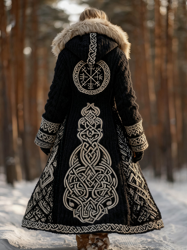 Women's Viking Rune Celtic Knot Knit Fuzzy Maxi Hooded Cardigan