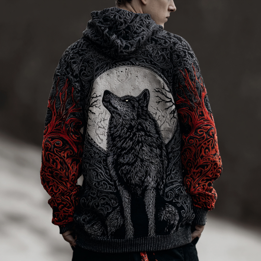 Men's Halloween Viking Style Moon Wolf Hooded Sweater