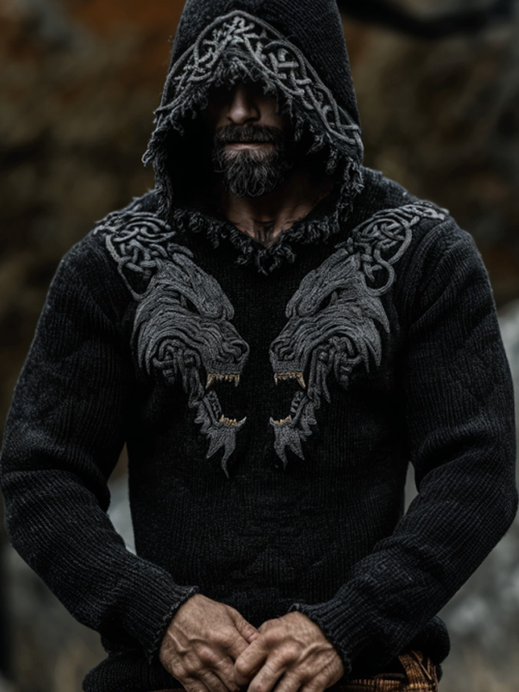 Men's Vintage Viking Wolf Embroidered Hooded Sweater