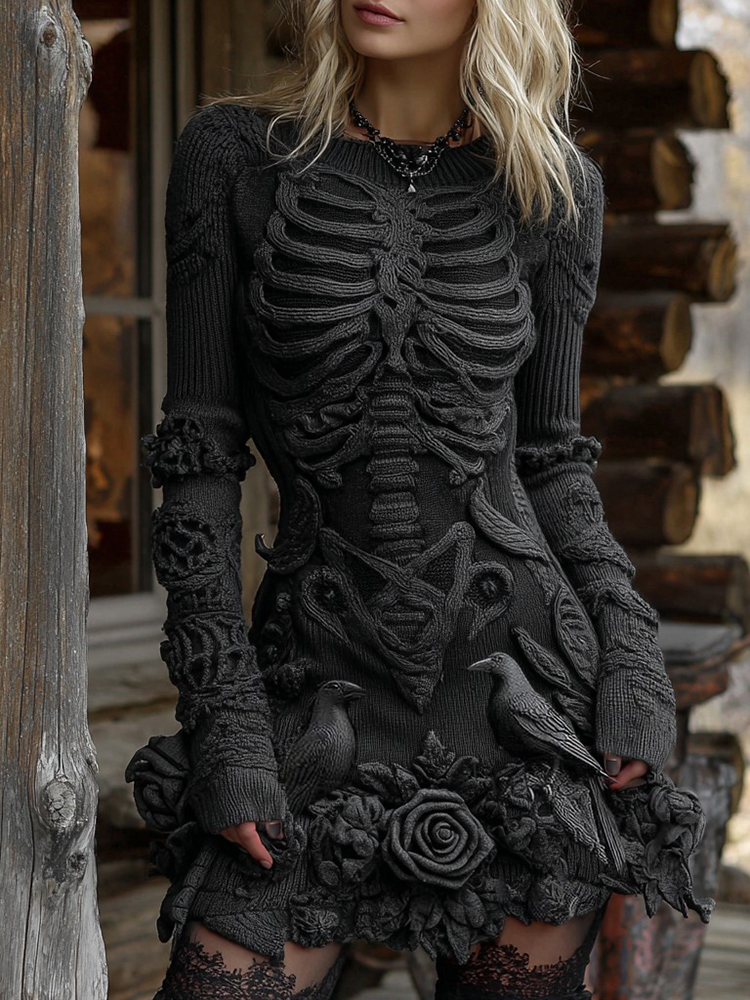 Women's Halloween Skeleton With Rose And Raven Celtic Knit Mini Sweater Dress