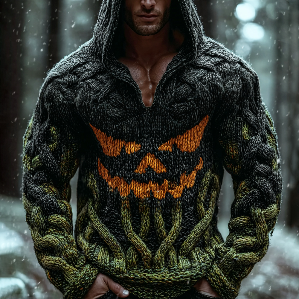 Viking Halloween Evil Emoji Vintage Men's Chunky Knit Twist Hooded Sweater