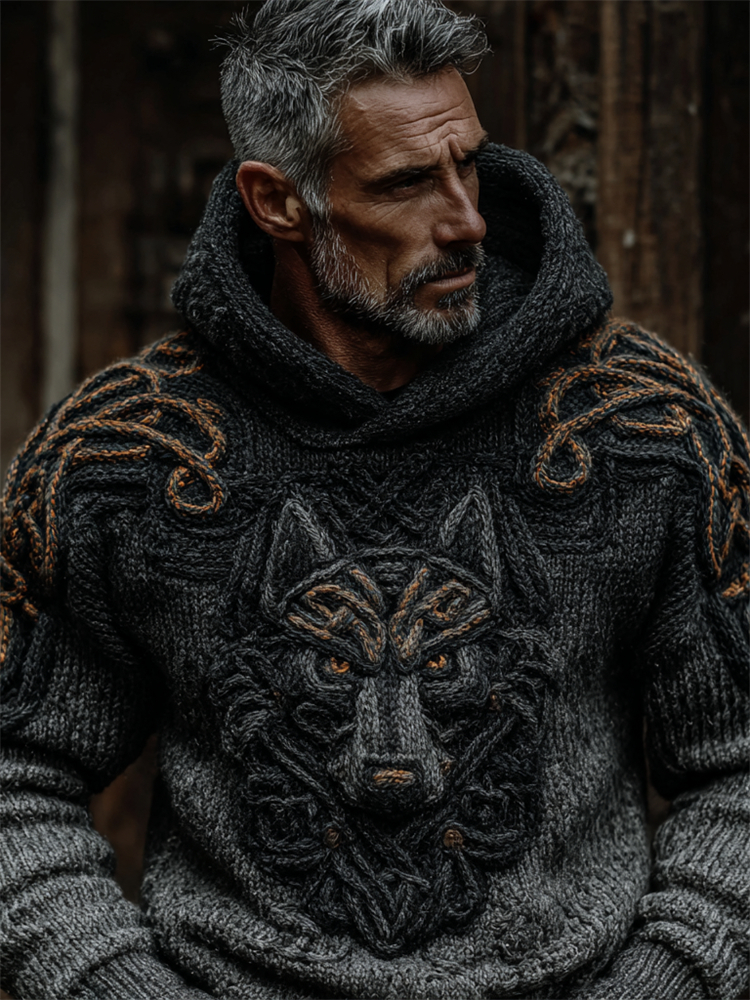 Men's Viking Wolf Celtic Gradient Hooded Cozy Chunky Sweater