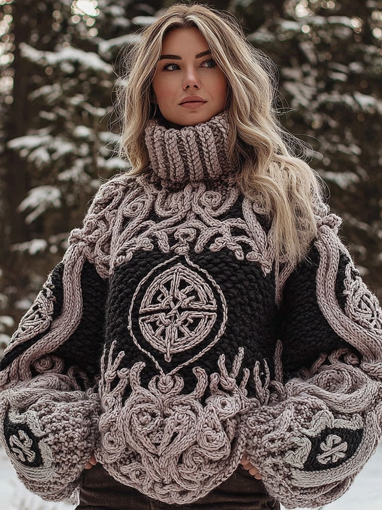 Women's Viking Rune Art Chunky Knit Turtleneck Sweater