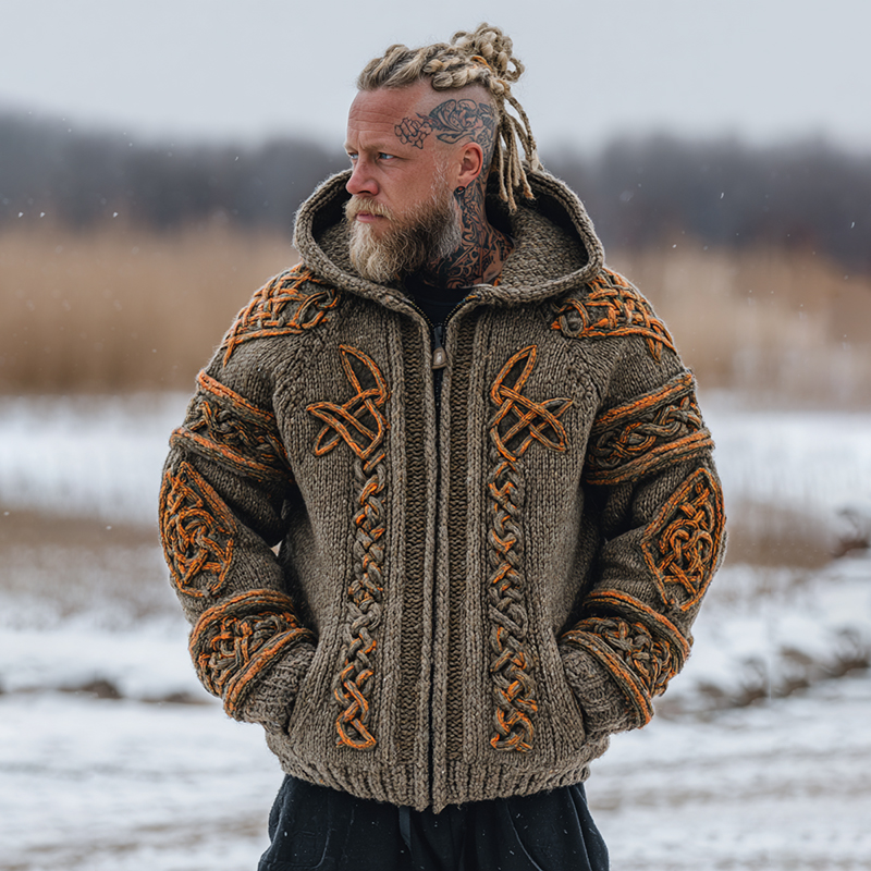 Men's Vintage Viking Celtic Knot Cozy Zip Up Knit Hooded Sweater