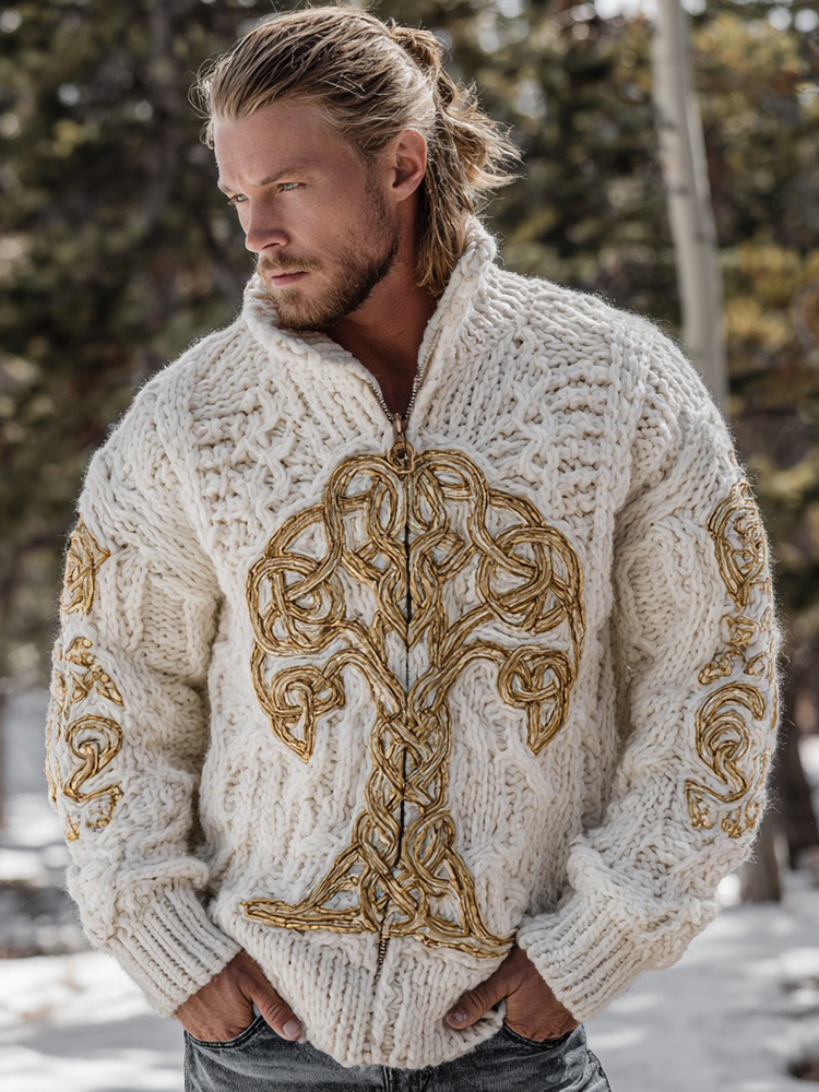 Men's Vintage Viking Tree Of Life Knitted Warm Zipper Sweater Cardigan