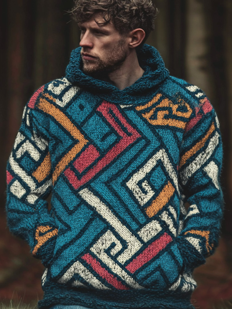 Men's Retro Geometric Line Embroidered Hooded Sweater