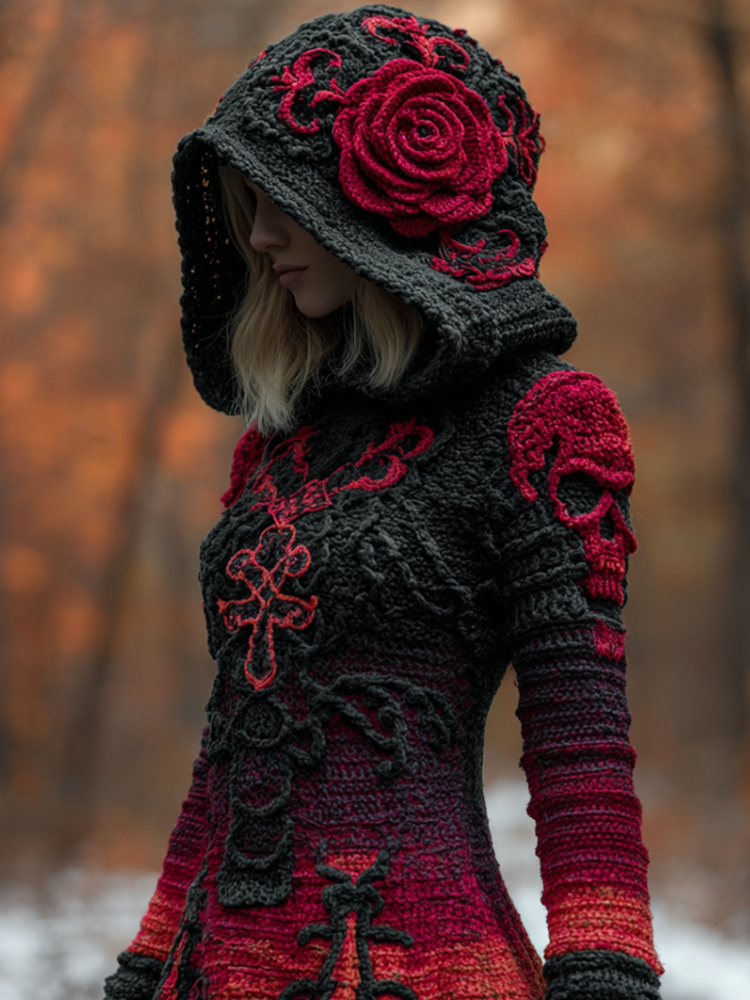 Halloween Viking Style Lady Hooded Knit Sweater Dress