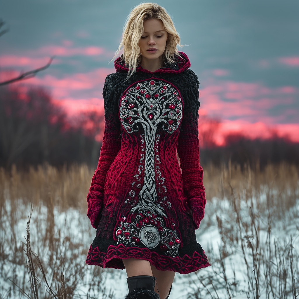 Viking Tree Of Life Pattern Gradient Hooded Sweater Dress