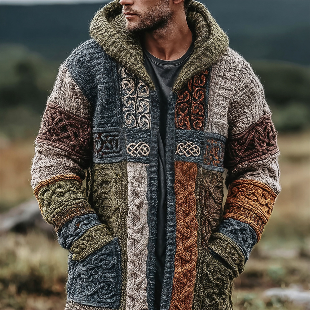 Viking Celtic Knot Geometric Art Men's Knit Hooded Cardigan