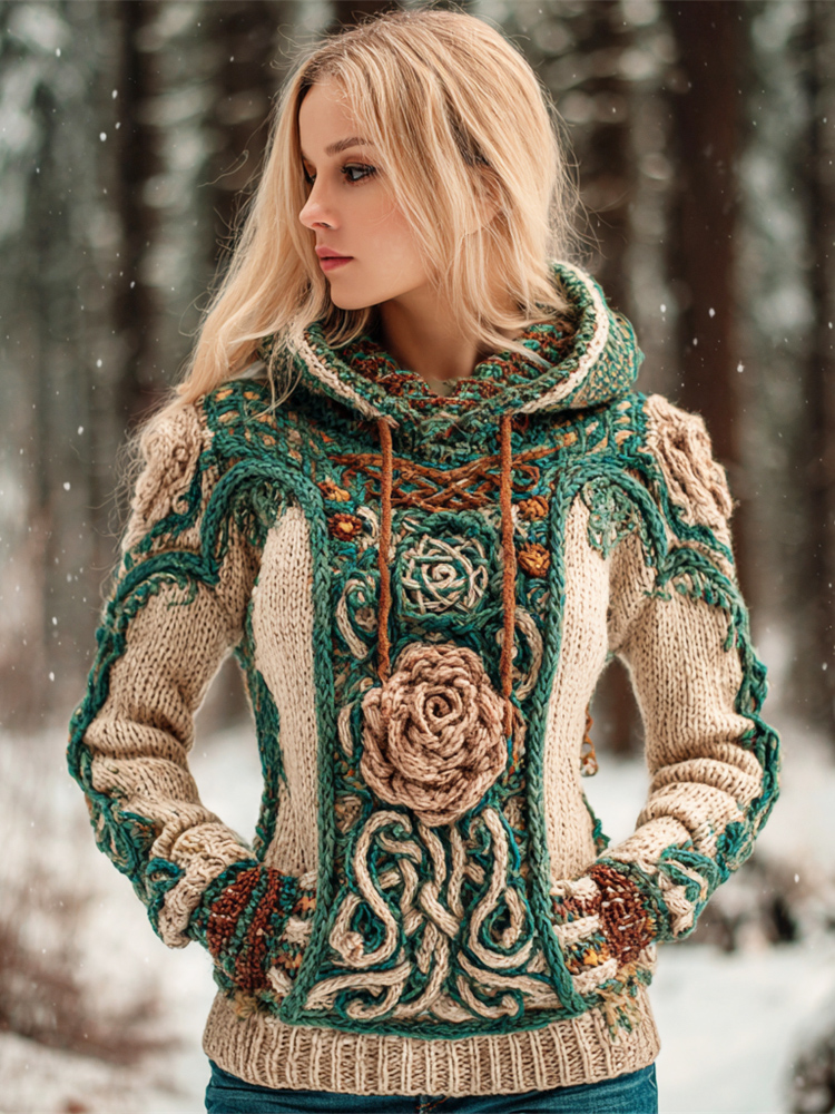 Celtic Knot & Rose Knit Art Women's Hooded Sweater