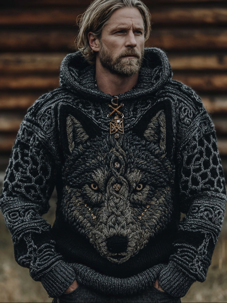 Men's Viking Style Three-dimensional Embroidered Wolf Totem Hooded Sweater