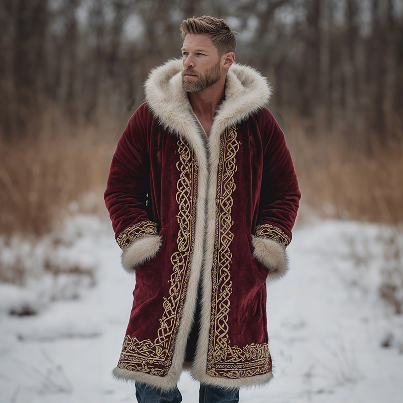 Men's Christmas Santa Celtic Fuzzy Velvet Hooded Coat