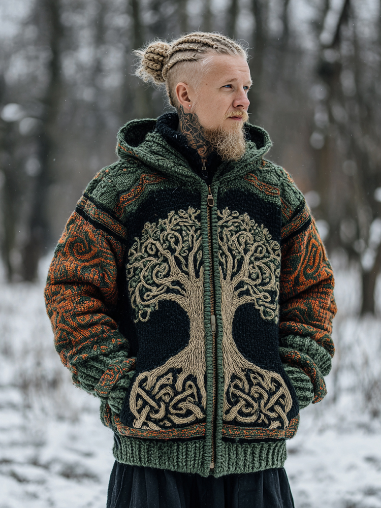 Men's Vintage Viking Celtic Knot Tree Of Life Knit Zip Up Hooded Sweater