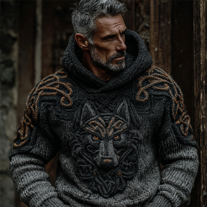 Men's Viking Wolf Celtic Gradient Hooded Cozy Chunky Sweater