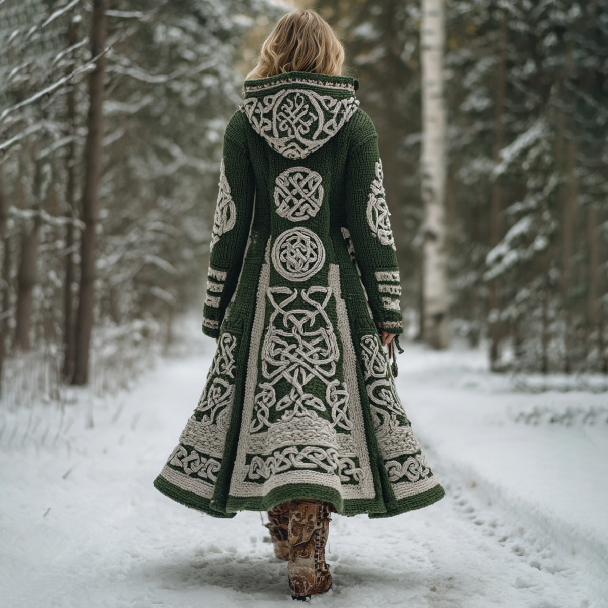 Women's Viking Celtic Knot Pattern Knit Hooded Long Sweater Coat