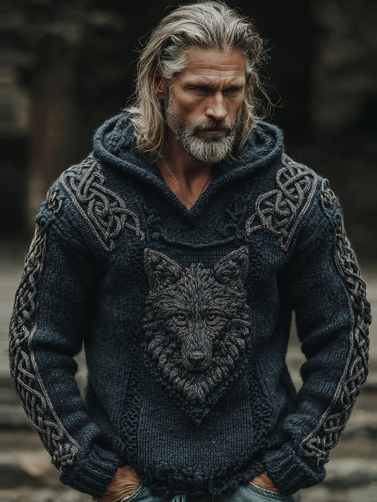 Men's Viking Wolf Celtic Knot Jacquard Knitted Hooded Sweater
