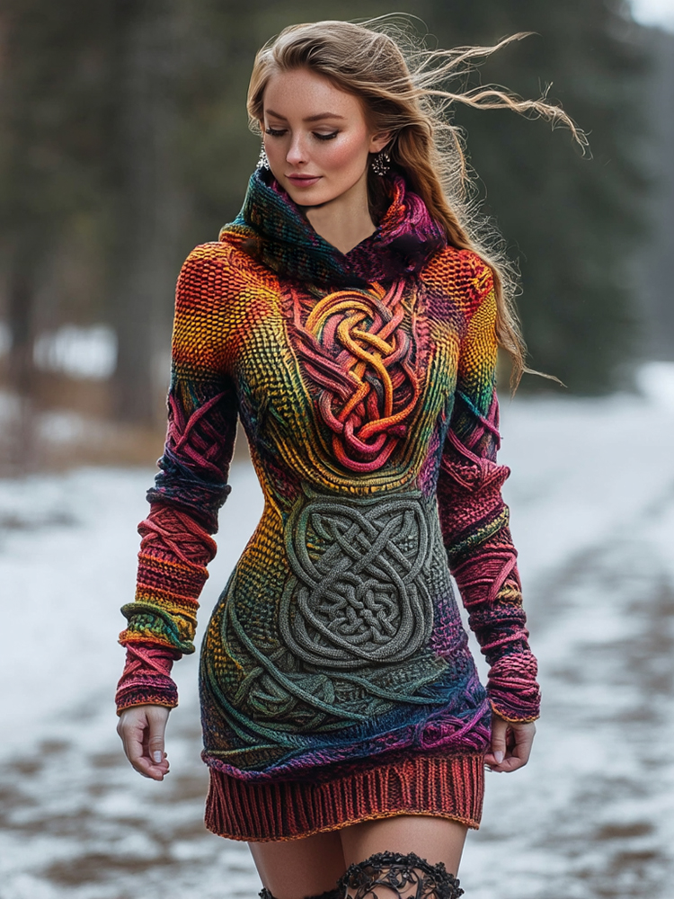 Women's Viking Celtic Knot Irish Rainbow Art Cozy Knit Mini Hooded Sweater Dress
