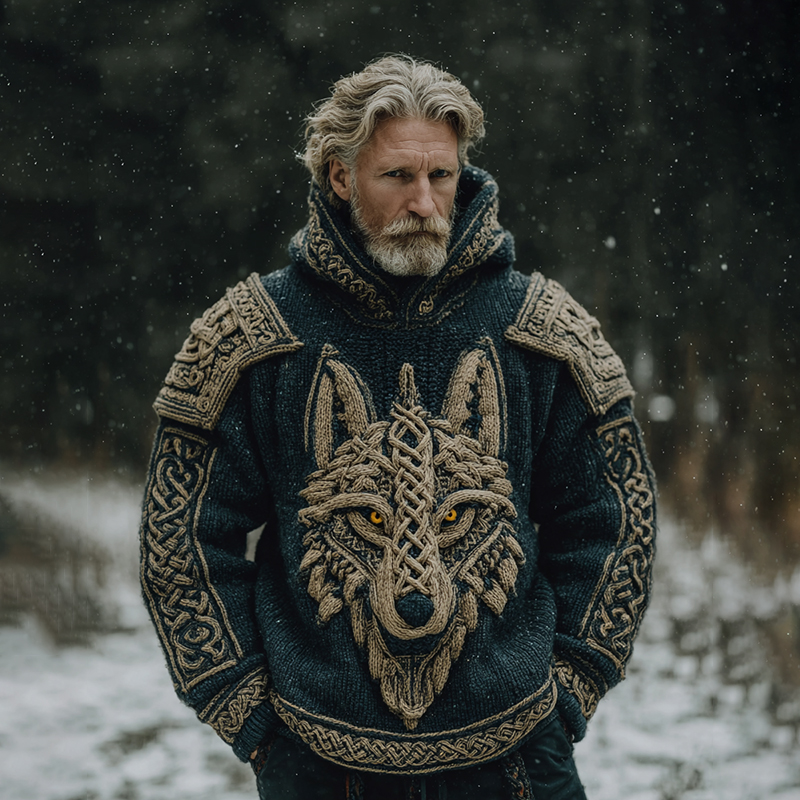 Men's Vintage Viking Celtic Knot Wolf Art Knit Hooded Sweater