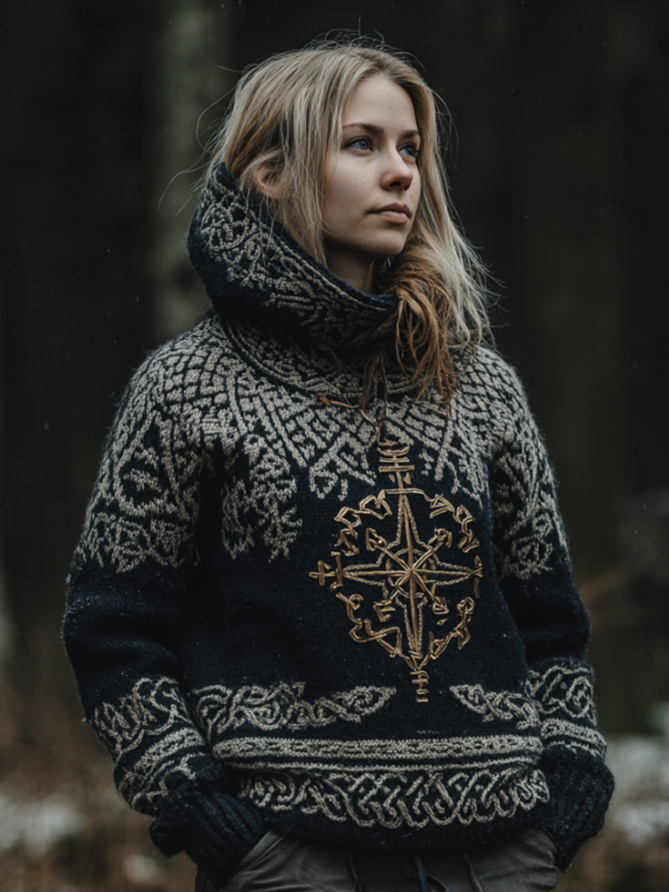 Women's Viking Style Viking Compass Contrasting Hooded Sweater