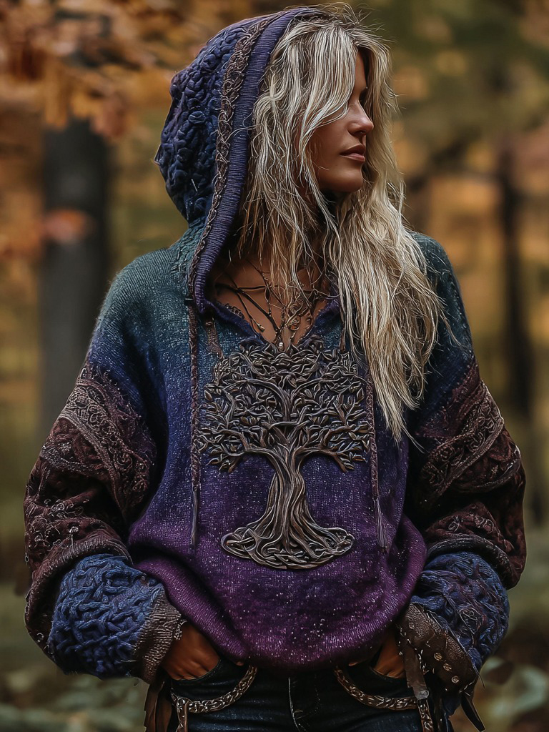 Women's Viking Life Of Tree Art Knitted Warm Hooded Sweater