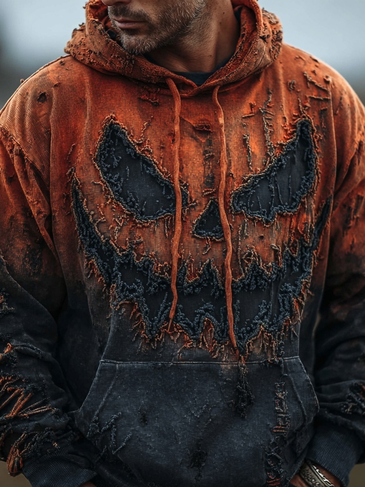 Men's Halloween Spooky Face Gradient Washed Cozy Hoodie