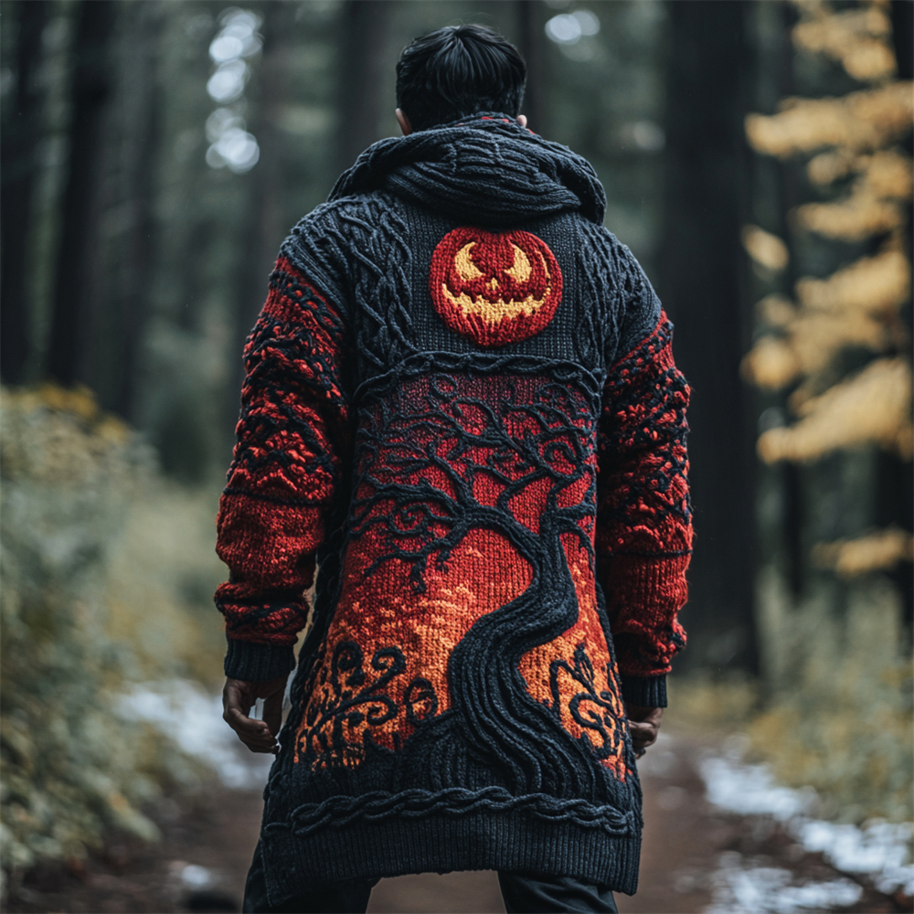 Halloween Pumpkin Face & Tree Of Life Knit Art Men's Hooded Long Cardigan