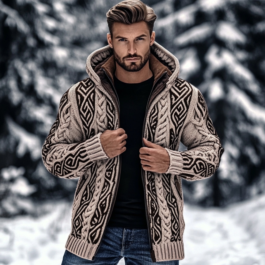 Men's Vintage Viking Celtic Knot Art Zip-up Chunky Knit Hooded Cardigan