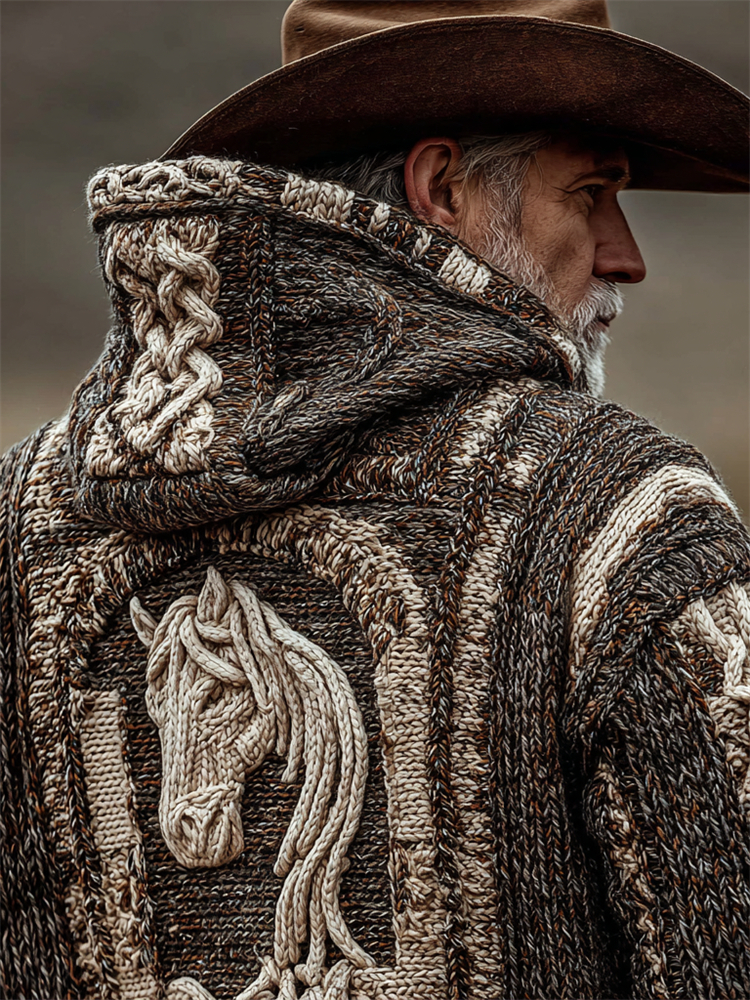 Men's Vintage Horse Crochet Celtic Cozy Chunky Hooded Cardigan