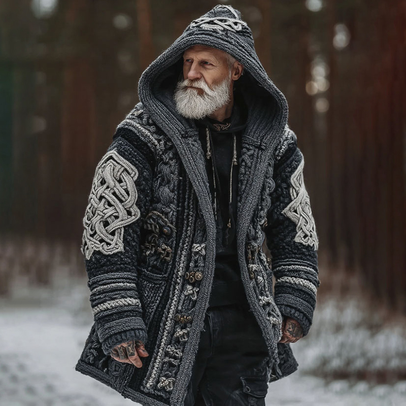 Men's Viking Celtic Geometry Pattern Art Cozy Knit Hooded Cardigan