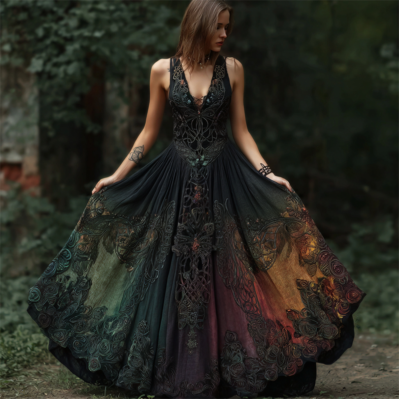 Vintage Mystical Rainbow Gradient Dark Celtic Embroidered Maxi Dress