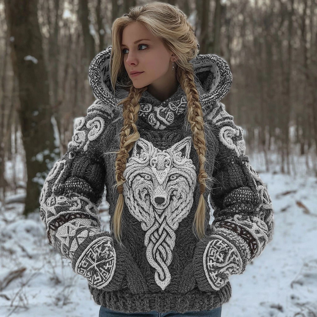 Women's Vintage Viking Wolf Art Knit Hooded Sweater