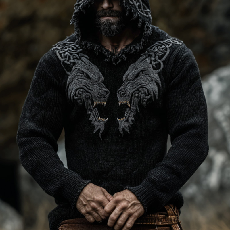 Men's Vintage Viking Wolf Embroidered Hooded Sweater