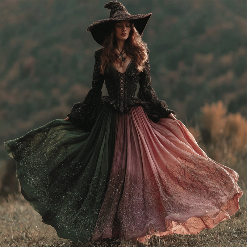 Vintage Halloween Witch Contrast Gradient Glitter Linen Maxi Dress